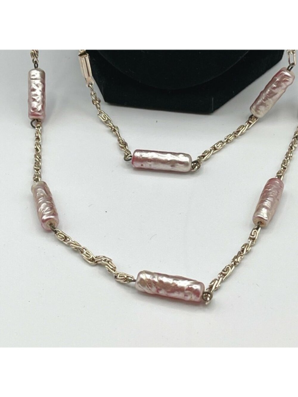 Opera Length Necklace Vintage Pearlescent Pink Bead Station 30" Drop + Earrings - Picture 4 of 9